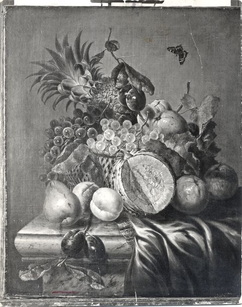 Anonimo — Ward James Charles - sec. XIX - Natura morta con cesto di frutta e panno su un tavolo — insieme